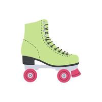 patín verde, patines cuádruples antiguos. chicas con estilo de moda retro de los años 70 y 80. deporte y discoteca. lindas ilustraciones en colores pastel de moda. patines cómicos dibujados a mano. vector