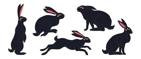 Set of abstract black rabbits with red cheeks and eyes. Chinese New Year 2023 symbol. Easter bunny black silhouette, mystic hare, astrological, botanical, esoteric. Hand drawn illustration. vector