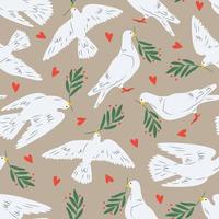 Pattern of dove of peace, pigeons. Flying, standing birds with plant olive branch. Peace and love, freedom, no war, innocence, human purity. Hand drawn modern illustration for wallpaper, poster vector