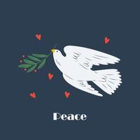 Dove of peace, pigeons. Flying bird with plant olive branch. Peace, love, freedom, no war, innocence, human purity. Hand drawn modern illustration. Support Ukraine Icon, logo template vector