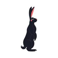 Abstract standing black rabbit with red cheeks and eyes. Chinese New Year 2023 symbol. Easter bunny black silhouette, mystic hare, astrological, botanical, esoteric. Hand drawn illustration. vector