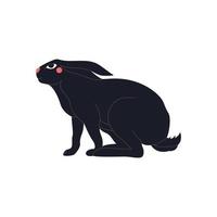 Abstract sitting black rabbit with red cheeks and eyes. Chinese New Year 2023 symbol. Easter bunny black silhouette, mystic hare, astrological, botanical, esoteric. Hand drawn vector illustration.