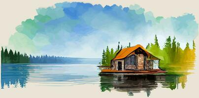 illustration vector graphic of beautiful lake cabin on watercolor painting style good for print on postcard, poster or background