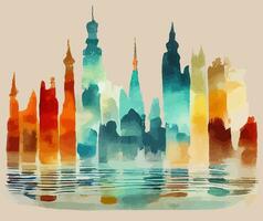 gráfico vectorial de ilustración del horizonte de la ciudad de silueta colorida en estilo de pintura de acuarela bueno para imprimir en postal, póster o fondo vector