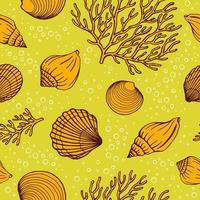 Seamless pattern with seashells, corals. Marine background. Vector illustration in sketch style.