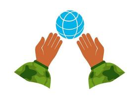 A military mans hand holds a globe of the globe. Military position vector