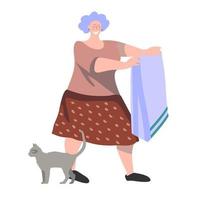 Smiling elderly woman with a cat is doing housework vector