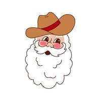 Howdy Christmas retro vintage Santa Claus with cowboy hat. Groovy Santa in 70s style. vector