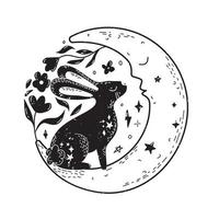 Magic rabbit with The Moon and floral elements in Scandinavian style. Minimalist mystic hare. vector