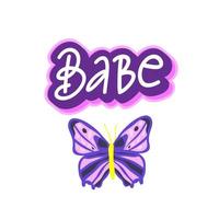 y2k bling retro aesthetic sticker with butterfly. Cute lettering Babe vector