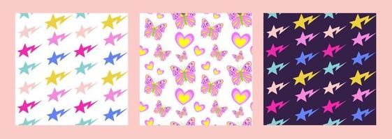 Retro hipster y2k aesthetic Textile Seamless Pattern set. Cute Glamorous style with srats and butterflyes vector