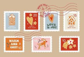 Hand drawn christmas postage stamp collection. vector