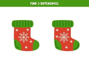 encuentra 3 diferencias entre dos lindos calcetines navideños. vector