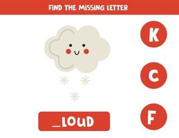 Find missing letter with cute snowy cloud. Spelling worksheet. vector