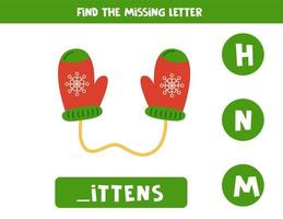 Find missing letter with red mittens. Spelling worksheet. vector