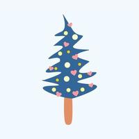 árboles de navidad en un estilo de dibujos animados, lindo y plano. si está decorado con globos, guirnaldas, corazones y estrellas. si los colores son verde, gris, beige, morado. vector