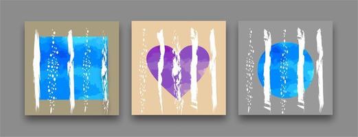 A set of three abstractions on a gray background a blue watercolor square with brush strokes on top, a purple watercolor heart and a watercolor circle. Panel art. vector