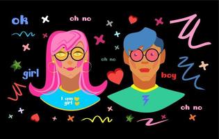 Teen boy and girl. Two avatar characters. Cartoon style, flat. Cheerful,cute black, yellow checkered background with small colored symbols. Colored glasses on the face. Blue, pink, red and brown hair. vector