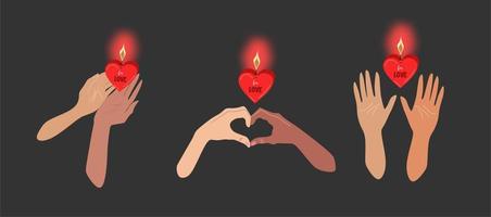 Dark brown background, three pairs of hands holding a lit candle in the shape of a red heart, pink glow around the candle. Atmospheric illustration of the symbol of love. St. Valentine,Valentine's Day vector