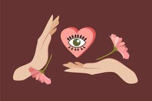 Brown retro background.Pink delicate, fluffy, thick petals of flowers fall on women's hands. In the center is a voluminous pink heart with an eye. Printing for design vector