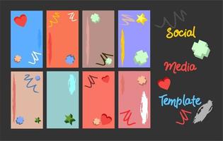 Design 8 backgrounds for social networks in cartoon style. Fashionable editable template for social media stories, letterhead, vector illustration.Crosses, hearts, lines on the background.Funny