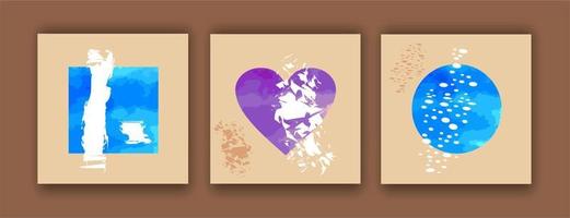 A set of three abstractions on a gray background a blue watercolor square with brush strokes on top, a purple watercolor heart and a watercolor circle. Panel art vector