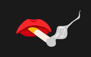 Red lips are pinching a smoking cigarette. Light gray smoke slowly diverge over a black background. The lips are twisted in a brazen curve. Print T-shirts, cards, posters. vector