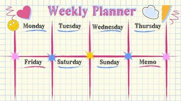 Planner for the week in a cute, flat style. Planner with pink elements. Week, year. 3d objects. Pupils and students. Housewives. Girls vector