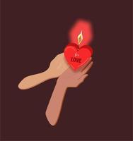 Dark brown background, hands hold a lit candle in the shape of a red heart, a pink glow around the candle. Atmospheric illustration of the symbol of love. Two different hands light and dark. vector