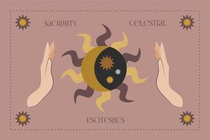 Sacrality. An object of spiritual mastery. Vector illustrations in the flat style. A composition of esoteric alchemical mystical magical celestial talismans with female hands, moon, sun and stars.