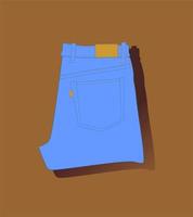Jeans are blue. Rolled up jeans like on a store shelf. Trendy stitching on jeans, tag. Realistic jeans illustration vector