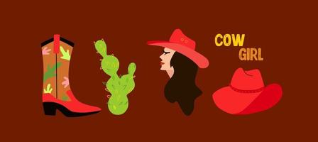 A set of drawings on the theme of the wild west. A cowboy girl, three types of cacti, a bull skull, a snake, cowboy boots and a hat. Retro illustration - set of elements. Cowboy mood. vector