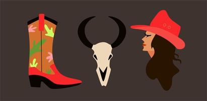 un conjunto de dibujos sobre el tema del salvaje oeste. una vaquera, tres tipos de cactus, una calavera de toro, una serpiente, botas vaqueras y un sombrero. ilustración retro - conjunto de elementos. estado de ánimo vaquero. vector