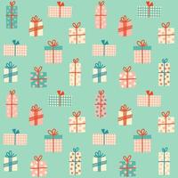 Pastel blue Christmas gift boxes seamless pattern. Cream, pink, red on pastel blue winter holiday gift wrap paper. vector