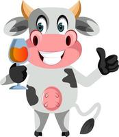 Cow with glass of wine, illustration, vector on white background.