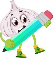 Garlic holding big pen, illustration, vector on white background.
