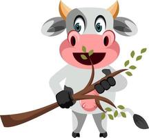 Cow with branch, illustration, vector on white background.