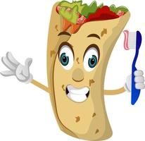 Burrito with tooth brush, illustration, vector on white background.