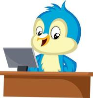 Blue bird is sitting at computer desk, illustration, vector on white background.