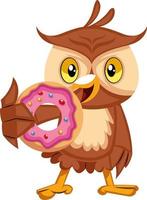 Owl eating donut, illustration, vector on white background.