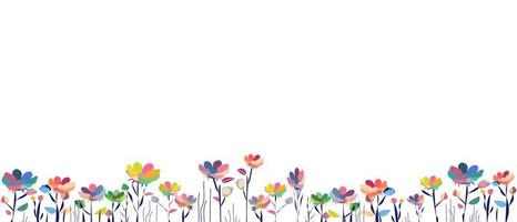 Horizontal white banner or floral backdrop decorated with gorgeous multicolored flowers and leaves spring botanical border flat on white background. vector