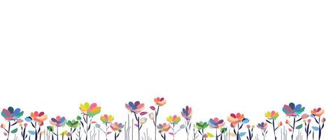 Horizontal white banner or floral backdrop decorated with gorgeous multicolored flowers and leaves spring botanical border flat on white background. vector