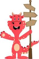 Red dragon is holding road direction sign, illustration, vector on white background.
