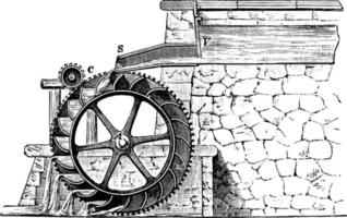 Overshot wheel, vintage illustration. vector