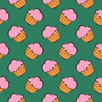 Pink cupcake,seamless pattern on dark green background. vector