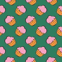 Pink cupcake,seamless pattern on dark green background. vector