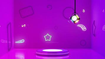 3d cylinder stage podium empty in room with neon, disco lights, abstract geometric cosmetic showcase pedestal purple, violet background. minimal mockup modern scene, 3d animation video