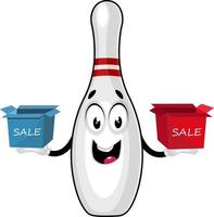 Bowling pin with sale box, illustration, vector on white background.