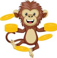 Monkey with coins, illustration, vector on white background.