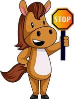 Horse with stop sign, illustration, vector on white background.